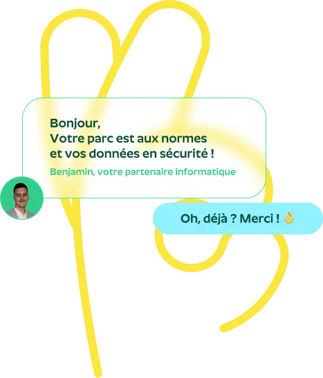 Illustration montrant Benjamin Pesta discutant avec un client pour confirmer que son parc informatique est sécurisé